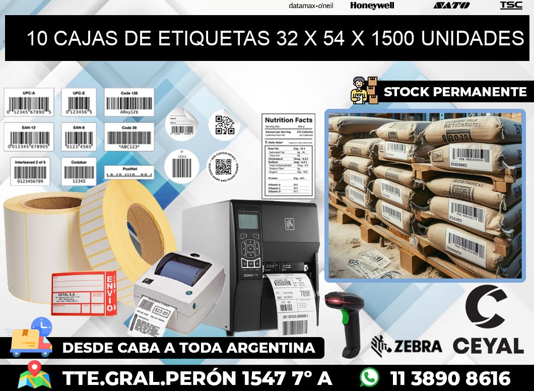 10 CAJAS DE ETIQUETAS 32 x 54 X 1500 UNIDADES