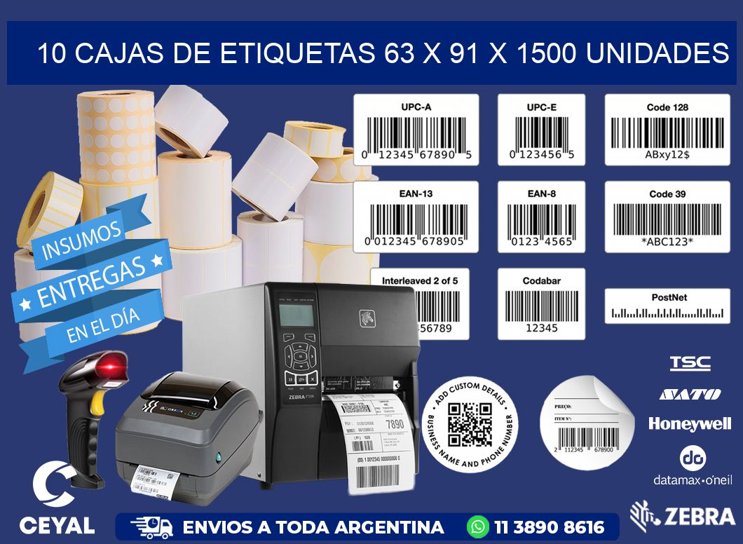 10 CAJAS DE ETIQUETAS 63 x 91 X 1500 UNIDADES