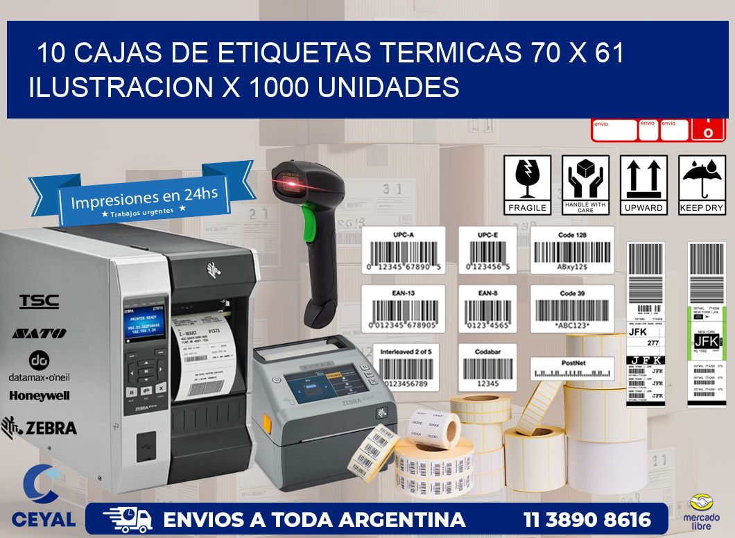 10 CAJAS DE ETIQUETAS TERMICAS 70 x 61 ILUSTRACION X 1000 UNIDADES