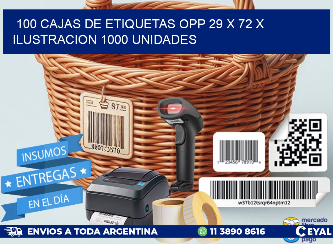 100 CAJAS DE ETIQUETAS OPP 29 x 72 X ILUSTRACION 1000 UNIDADES