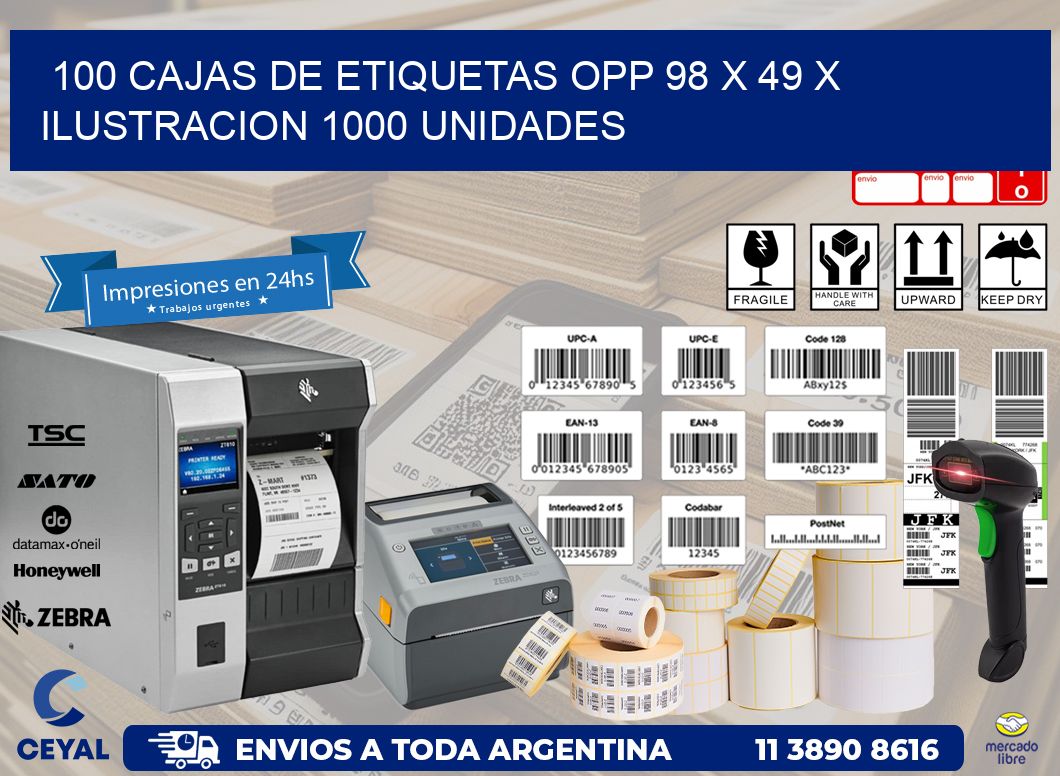 100 CAJAS DE ETIQUETAS OPP 98 x 49 X ILUSTRACION 1000 UNIDADES