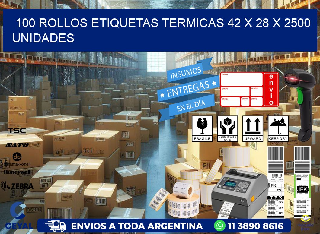 100 ROLLOS ETIQUETAS TERMICAS 42 x 28 X 2500 UNIDADES