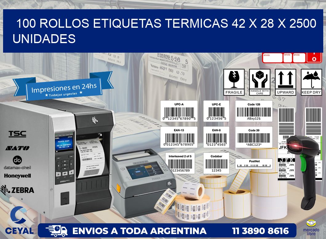 100 ROLLOS ETIQUETAS TERMICAS 42 x 28 X 2500 UNIDADES