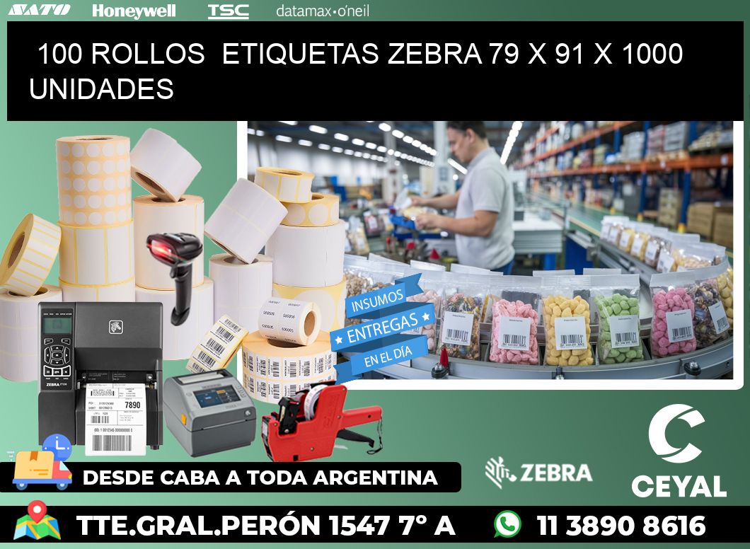 100 ROLLOS  ETIQUETAS ZEBRA 79 x 91 X 1000 UNIDADES