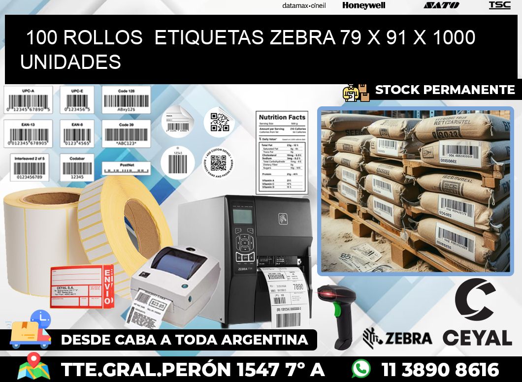 100 ROLLOS  ETIQUETAS ZEBRA 79 x 91 X 1000 UNIDADES