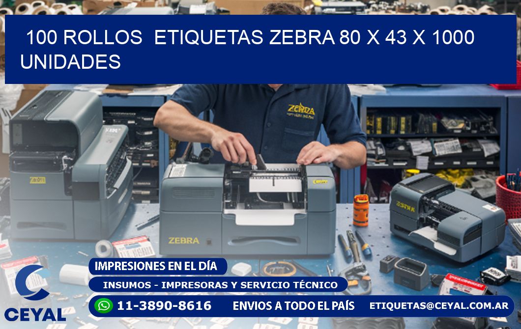 100 ROLLOS  ETIQUETAS ZEBRA 80 x 43 X 1000 UNIDADES