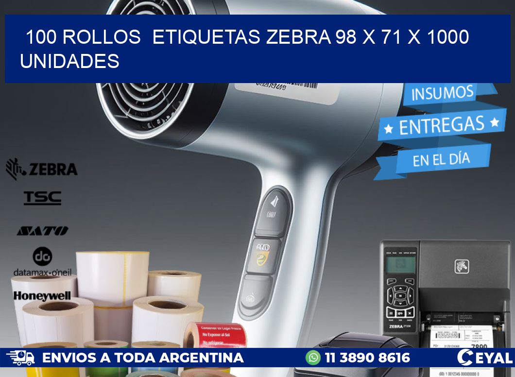 100 ROLLOS  ETIQUETAS ZEBRA 98 x 71 X 1000 UNIDADES