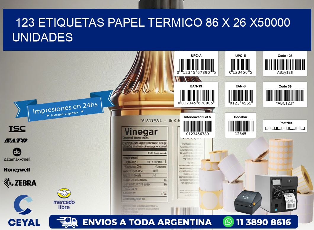 123 ETIQUETAS PAPEL TERMICO 86 x 26 X50000 UNIDADES