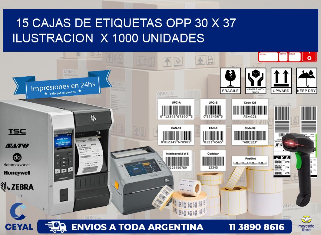 15 CAJAS DE ETIQUETAS OPP 30 x 37 ILUSTRACION  X 1000 UNIDADES