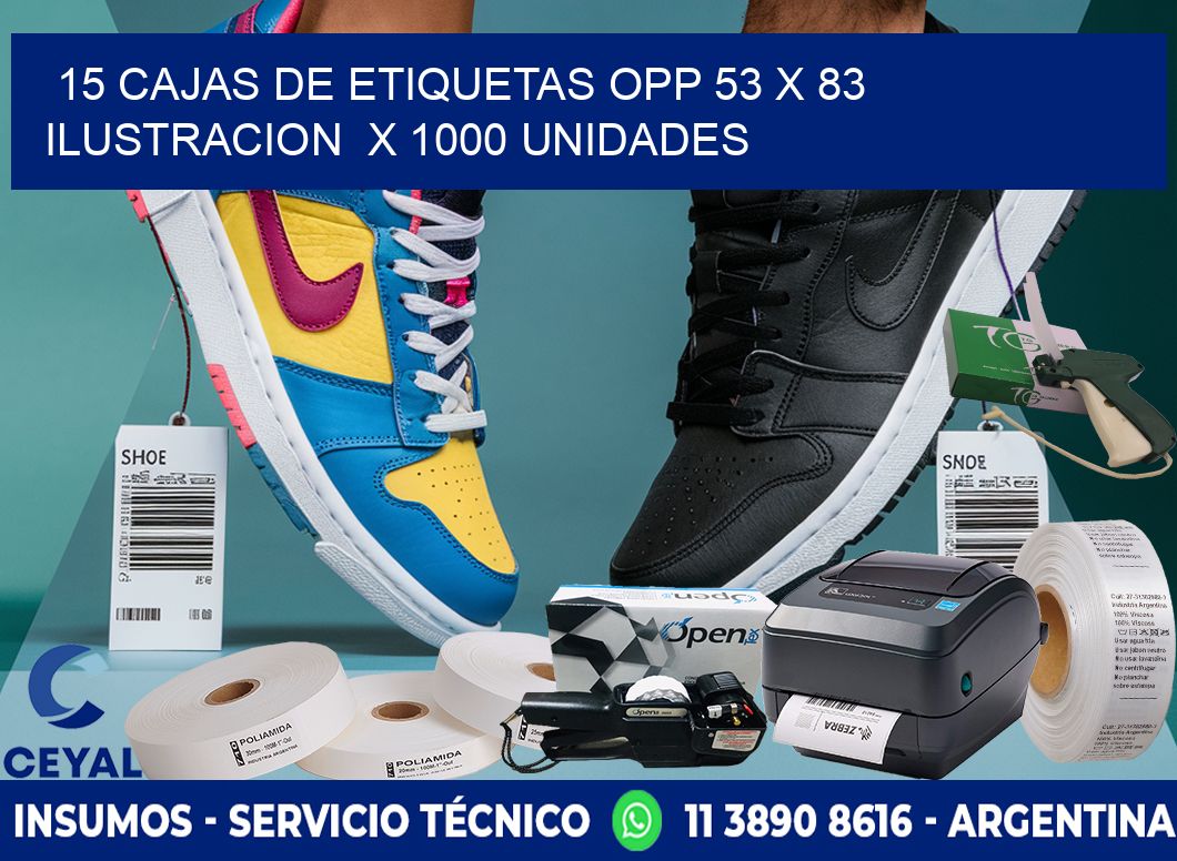 15 CAJAS DE ETIQUETAS OPP 53 x 83 ILUSTRACION  X 1000 UNIDADES