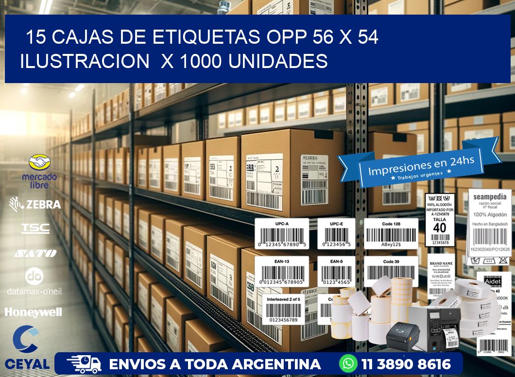 15 CAJAS DE ETIQUETAS OPP 56 x 54 ILUSTRACION  X 1000 UNIDADES