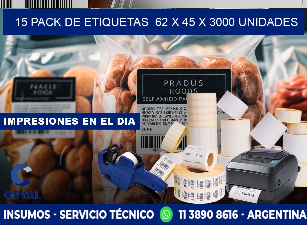 15 PACK DE ETIQUETAS  62 x 45 X 3000 UNIDADES