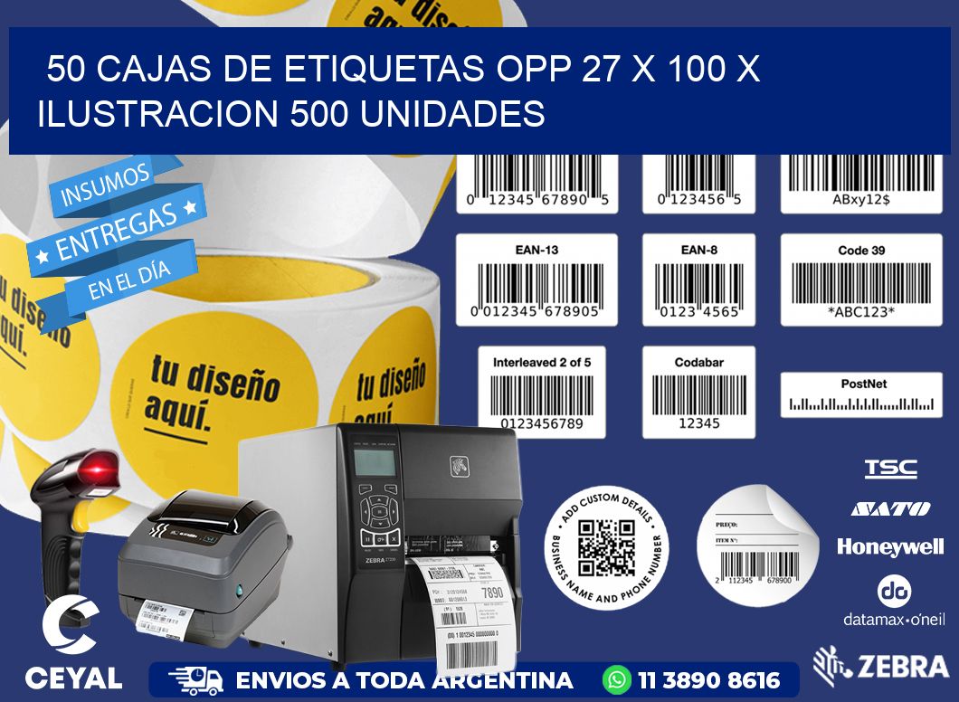 50 CAJAS DE ETIQUETAS OPP 27 x 100 X ILUSTRACION 500 UNIDADES