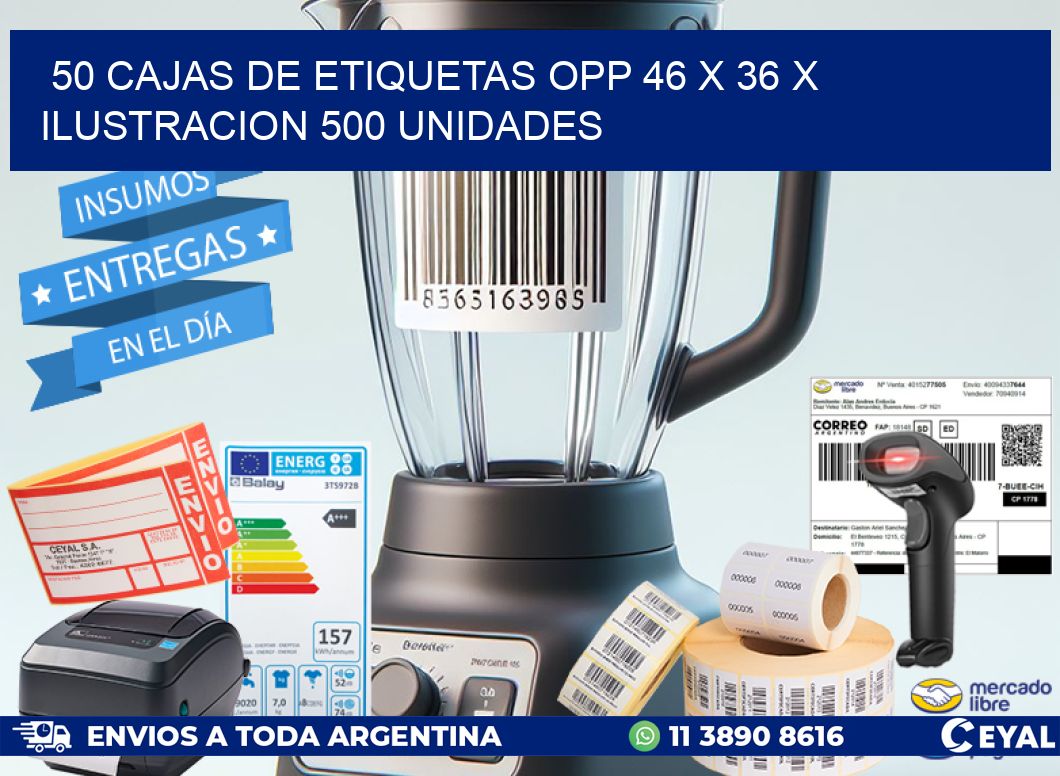 50 CAJAS DE ETIQUETAS OPP 46 x 36 X ILUSTRACION 500 UNIDADES