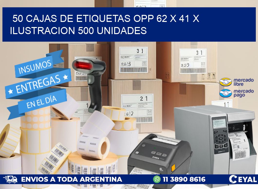 50 CAJAS DE ETIQUETAS OPP 62 x 41 X ILUSTRACION 500 UNIDADES