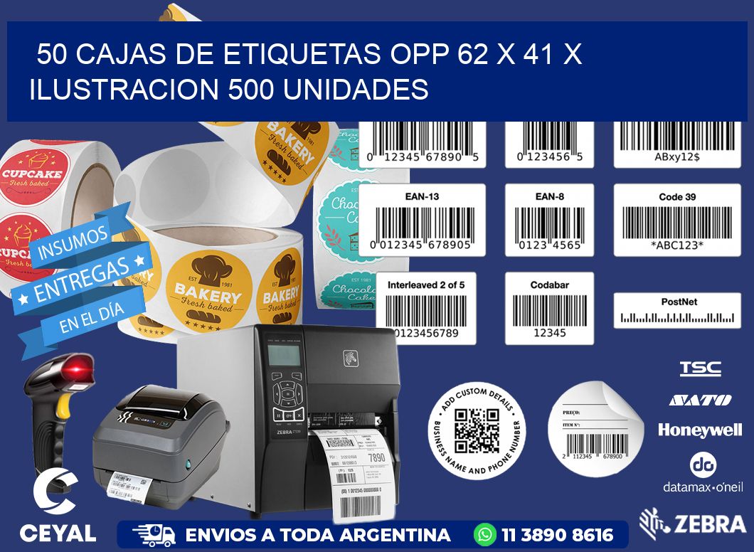 50 CAJAS DE ETIQUETAS OPP 62 x 41 X ILUSTRACION 500 UNIDADES