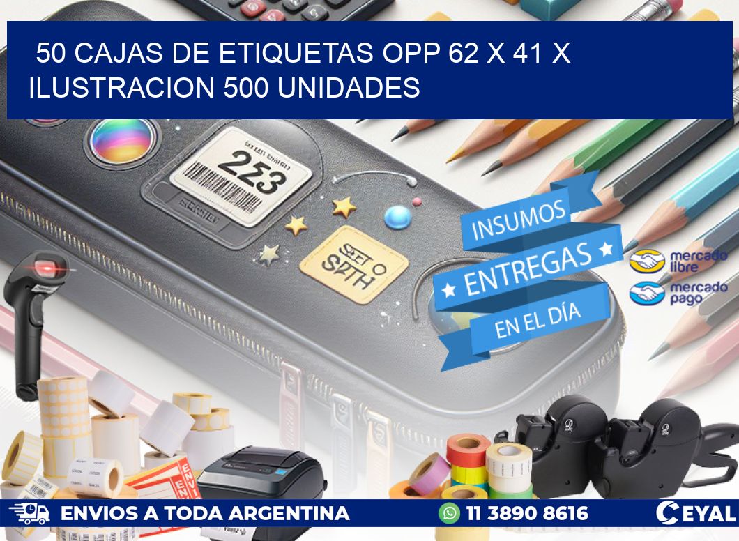 50 CAJAS DE ETIQUETAS OPP 62 x 41 X ILUSTRACION 500 UNIDADES