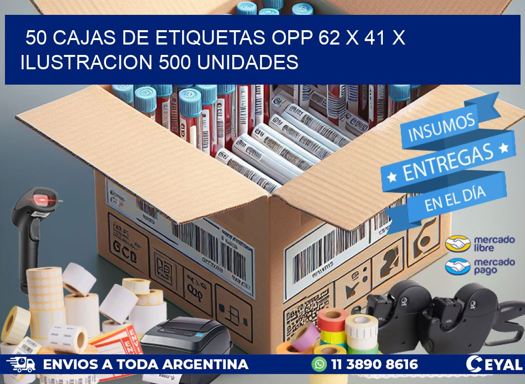 50 CAJAS DE ETIQUETAS OPP 62 x 41 X ILUSTRACION 500 UNIDADES