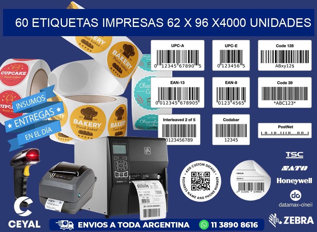 60 ETIQUETAS IMPRESAS 62 x 96 X4000 UNIDADES