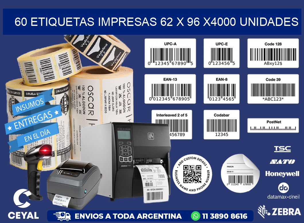 60 ETIQUETAS IMPRESAS 62 x 96 X4000 UNIDADES