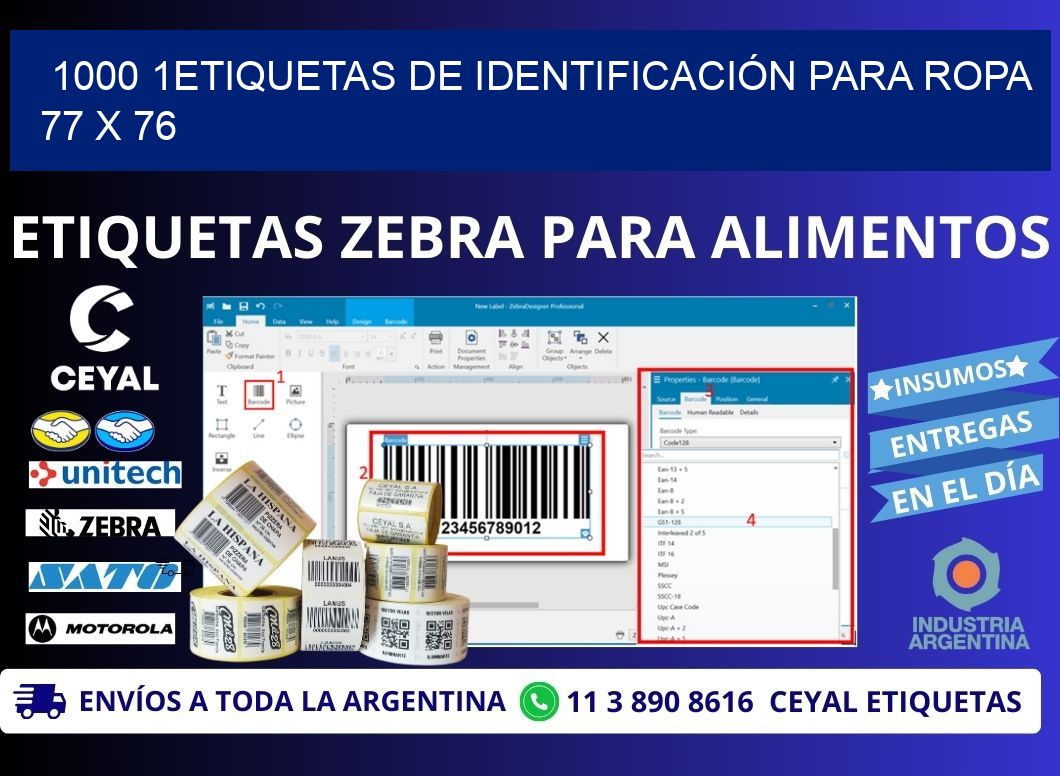 1000 1ETIQUETAS DE IDENTIFICACIÓN PARA ROPA 77 x 76