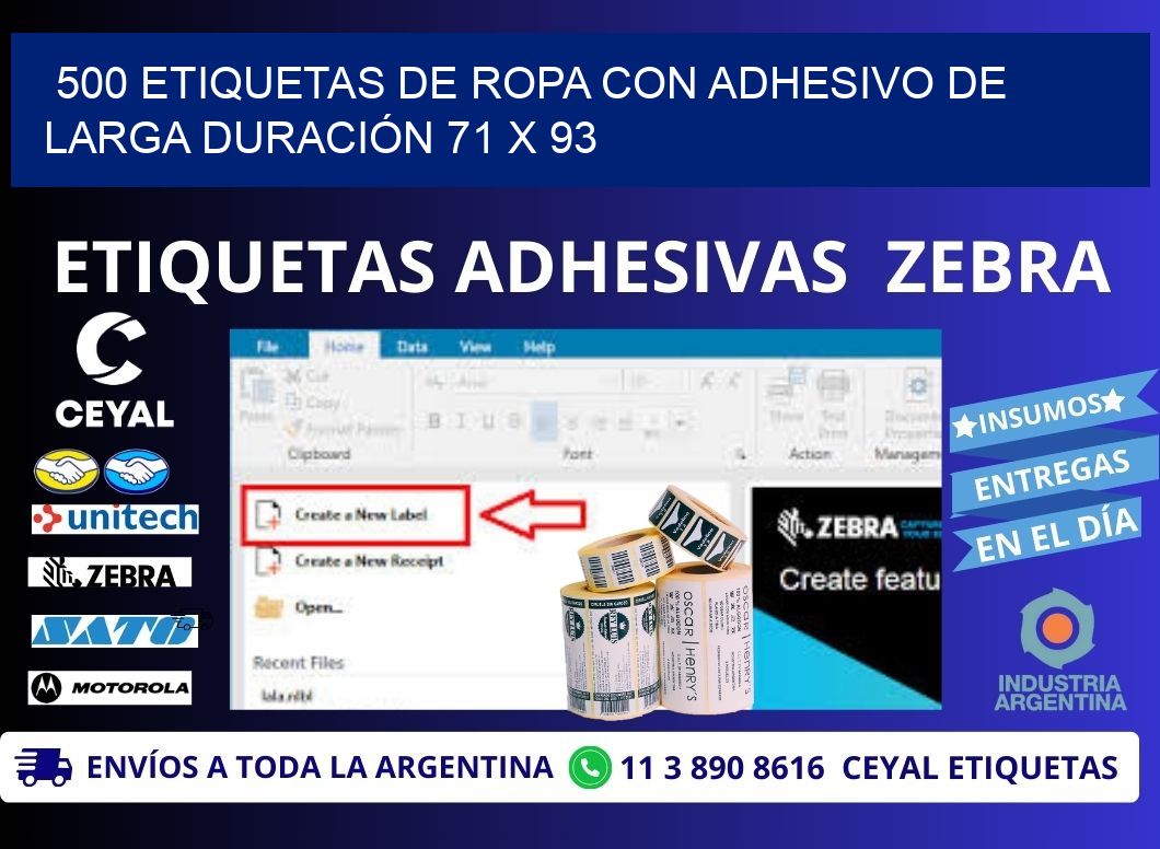 500 ETIQUETAS DE ROPA CON ADHESIVO DE LARGA DURACIÓN 71 x 93