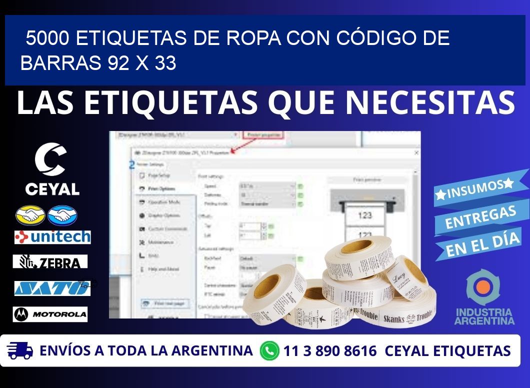 5000 ETIQUETAS DE ROPA CON CÓDIGO DE BARRAS 92 x 33