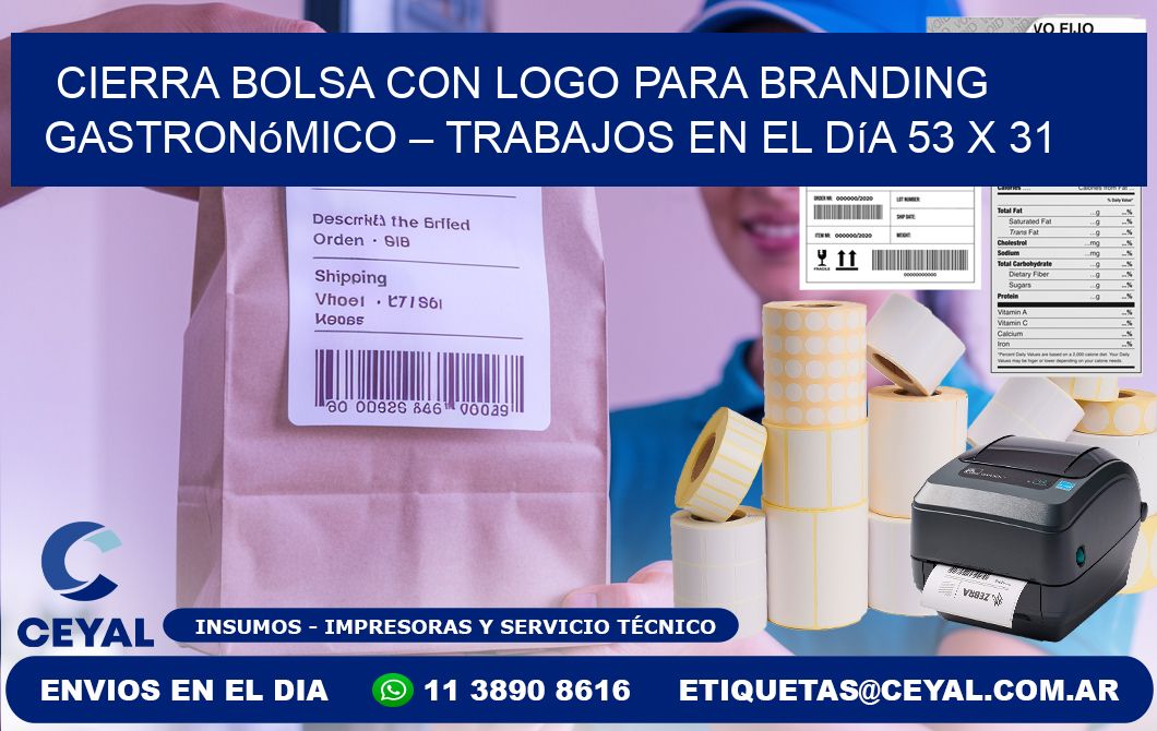 Cierra bolsa con logo para branding gastronómico – Trabajos en el día 53 x 31