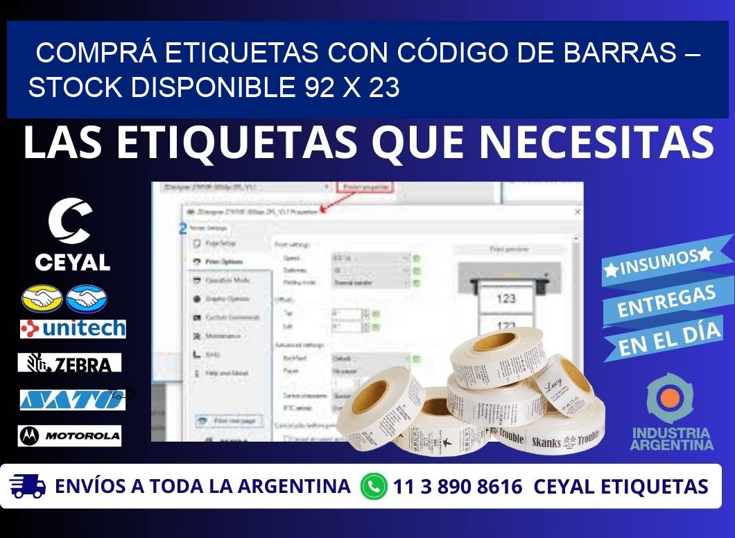 COMPRÁ ETIQUETAS CON CÓDIGO DE BARRAS – STOCK DISPONIBLE 92 x 23